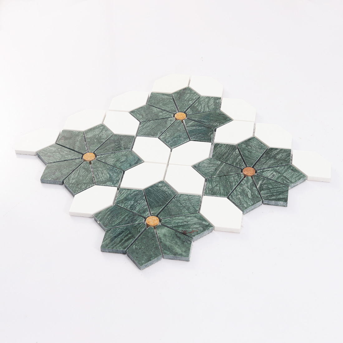 Side view of green flower marble mosaic tile with white picket accents
