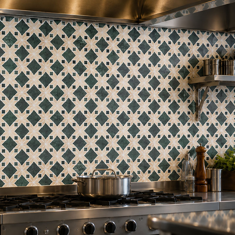 Green geometric restaurant kitchen tiles with stainless steel cooking range