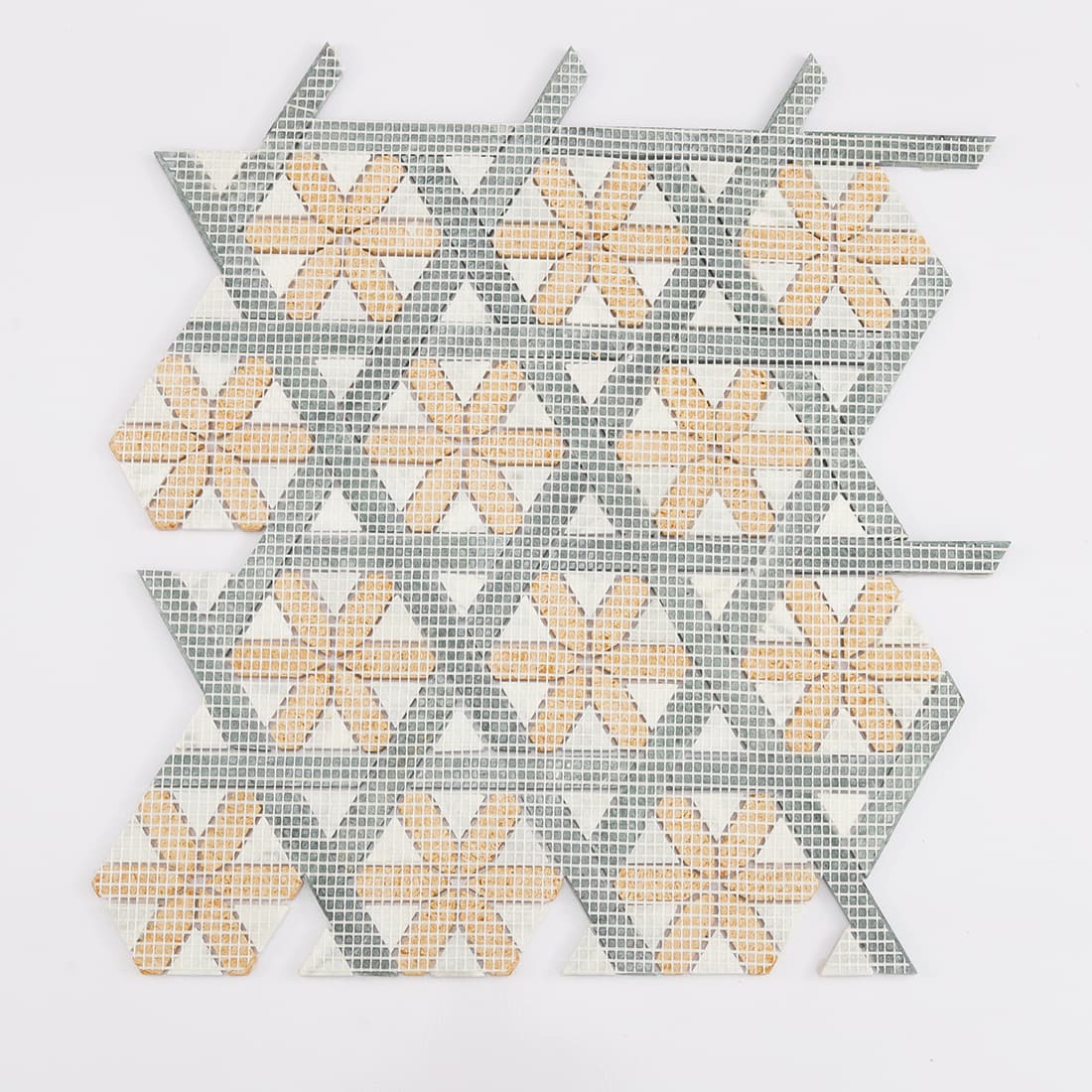 Back view of green gold geometric marble mosaic tile with mesh backing