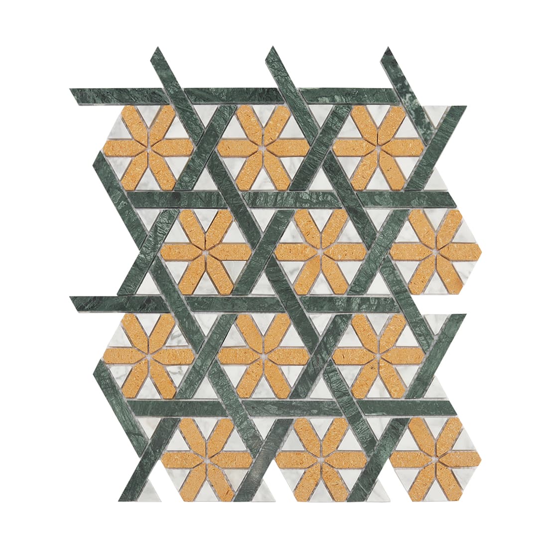 Full sheet of green gold geometric marble mosaic with white triangle inserts