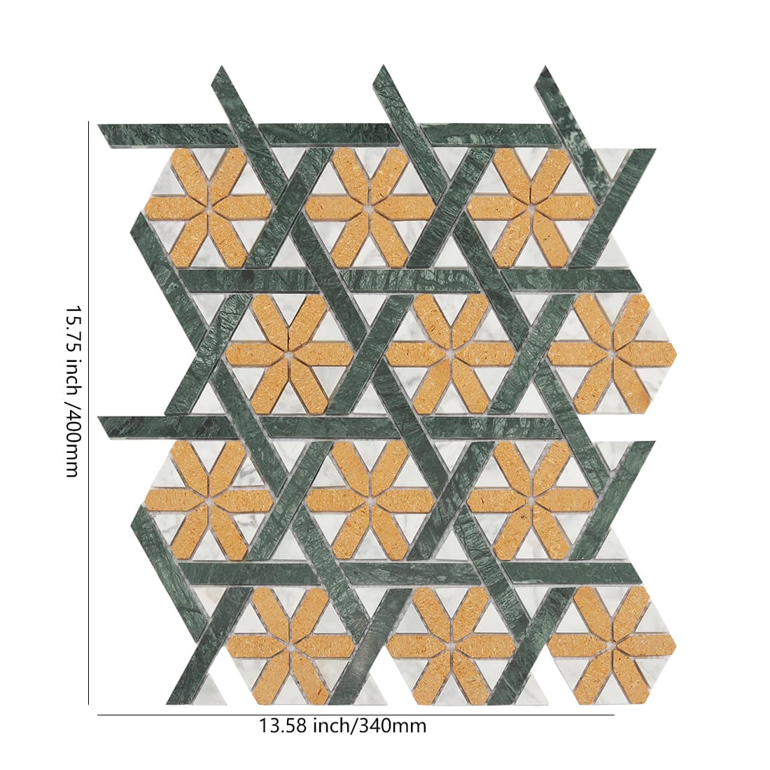 Green and gold geometric marble mosaic tile sheet with floral pattern