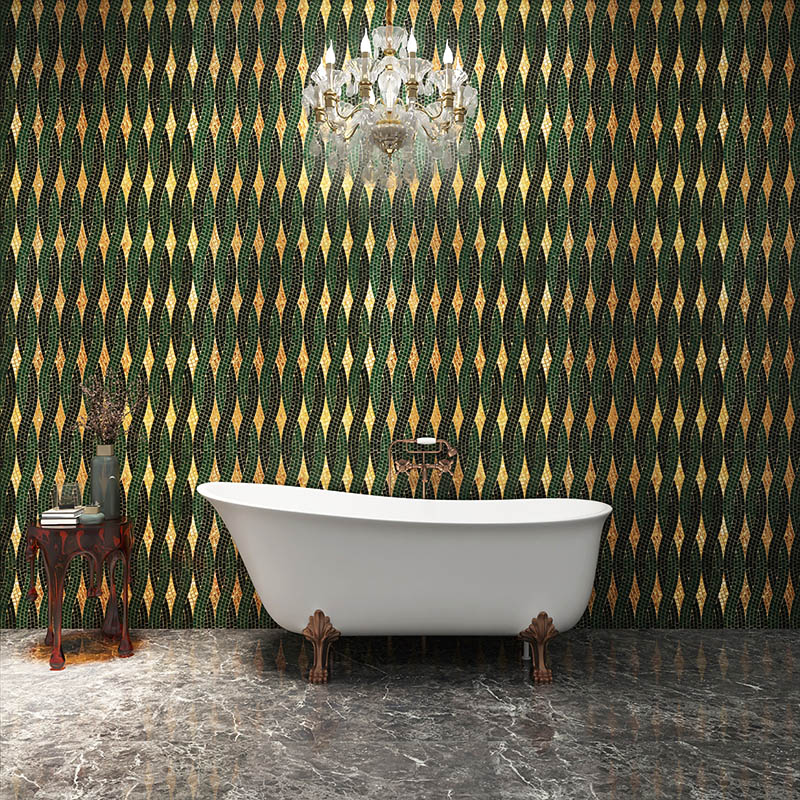 Luxury bathroom with green and gold mosaic tile wall behind bathtub