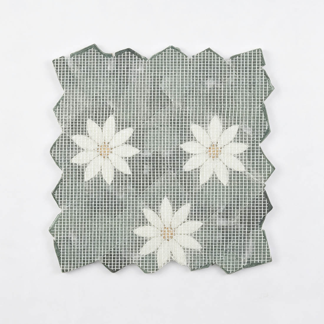 Mesh backing of green irregular pebble white floral marble mosaic