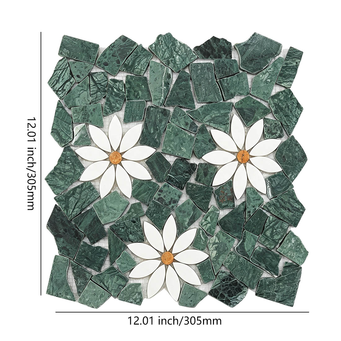 Green irregular pebble white floral marble mosaic sheet with dimensions
