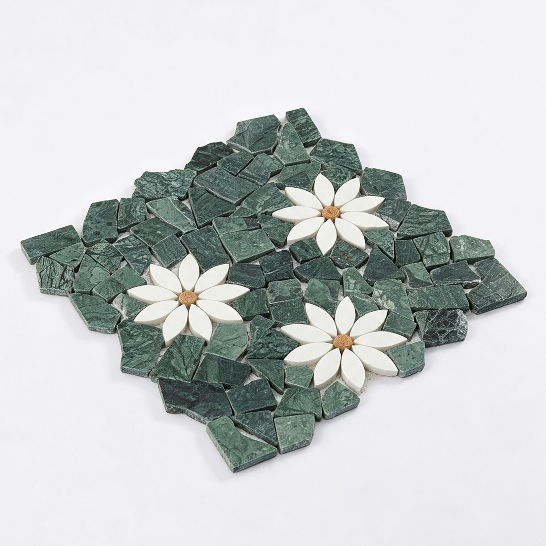 Angled display of green irregular pebble white floral marble mosaic
