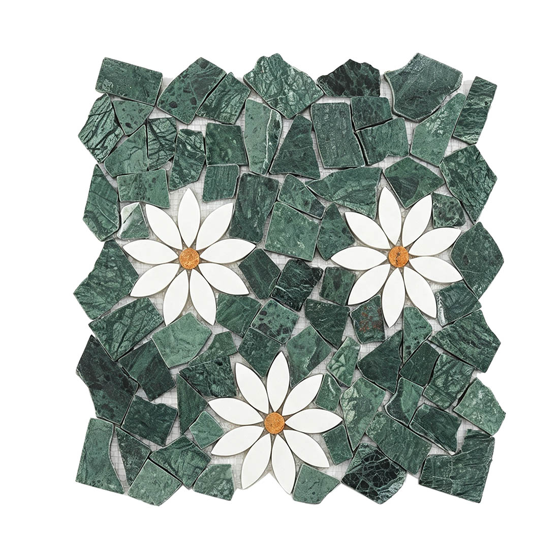 Full sheet of green irregular pebble white floral marble mosaic
