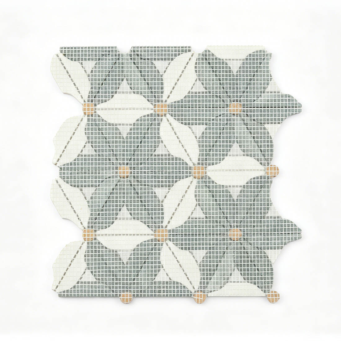 Reverse view of green and ivory botanical marble mosaic tile with mesh backing