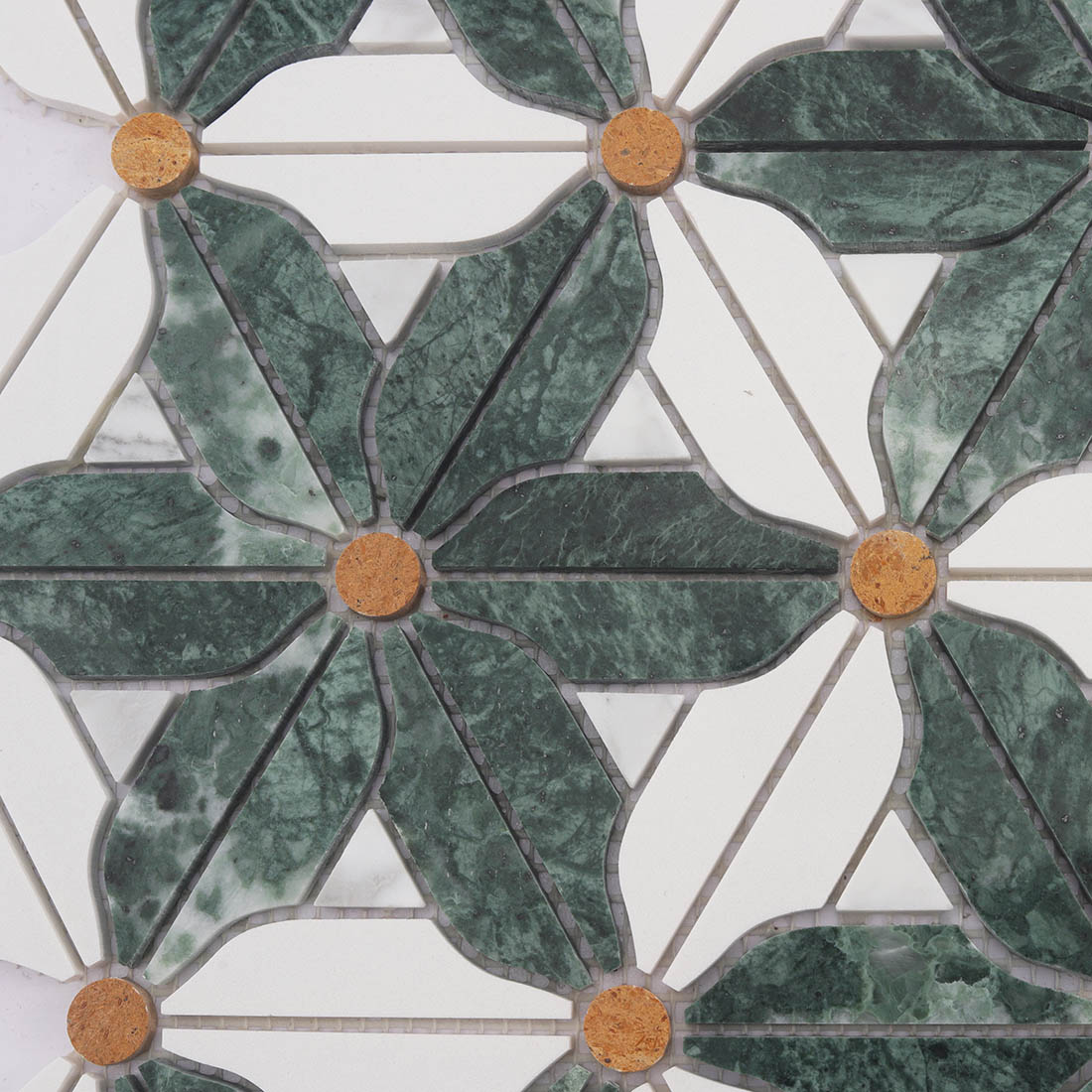 Green leaf and ivory flower marble mosaic pattern with round ochre stone centers
