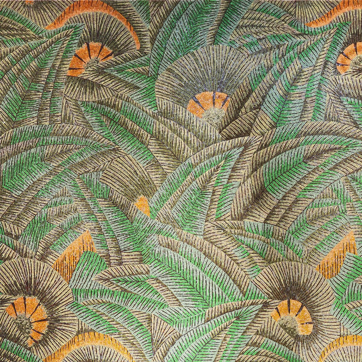 Close-up view of green and gold leaf mosaic wall art with orange highlights