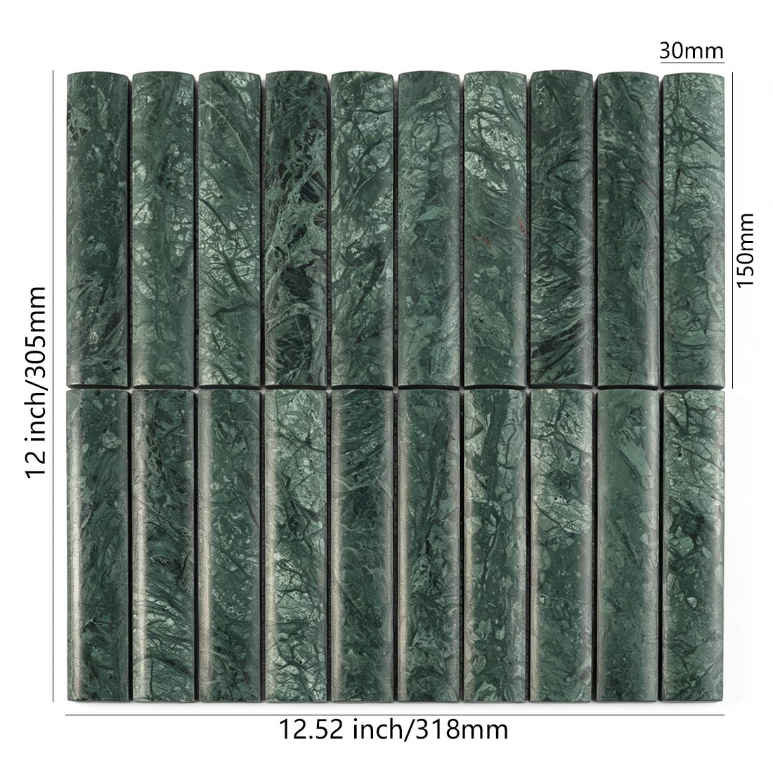 Green marble arched bar tile sheet with 30x150mm chip size