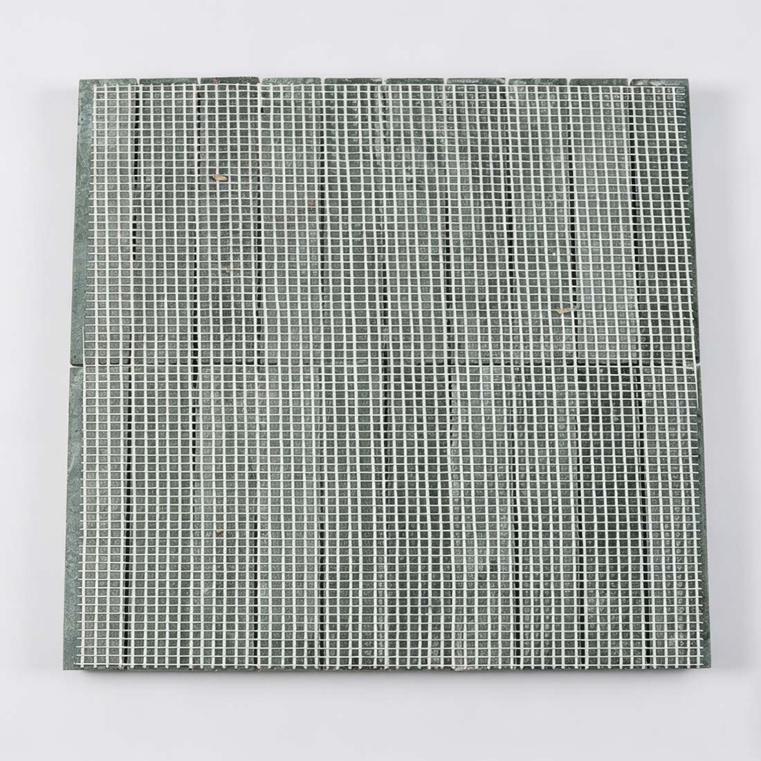 Mesh backing view of green marble arched rail tile sheet
