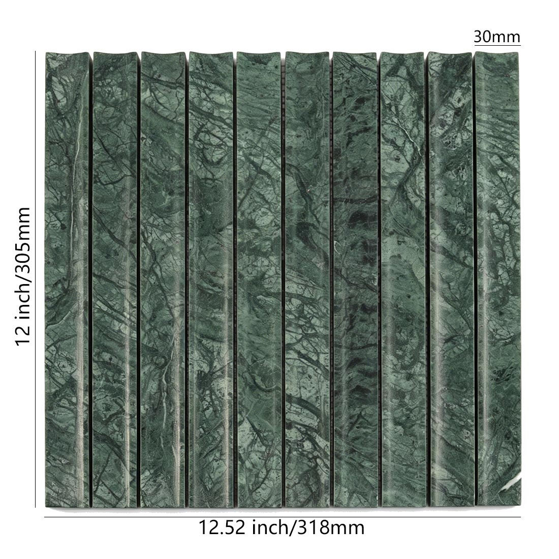 Technical specification view of luxury emerald green marble fluted tile.