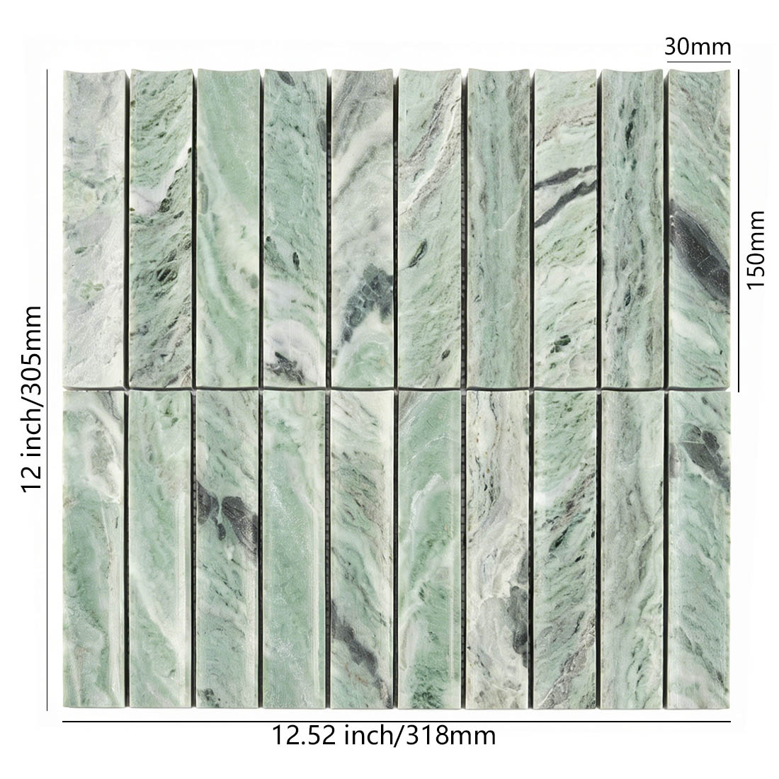 Dimensions of green marble fluted stacked tile.