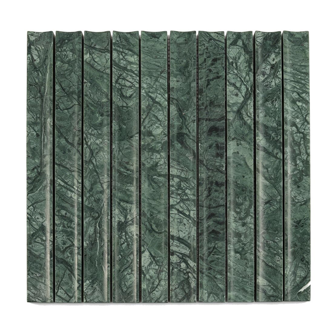 Front view of handcrafted emerald green marble 3D fluted mosaic tile.