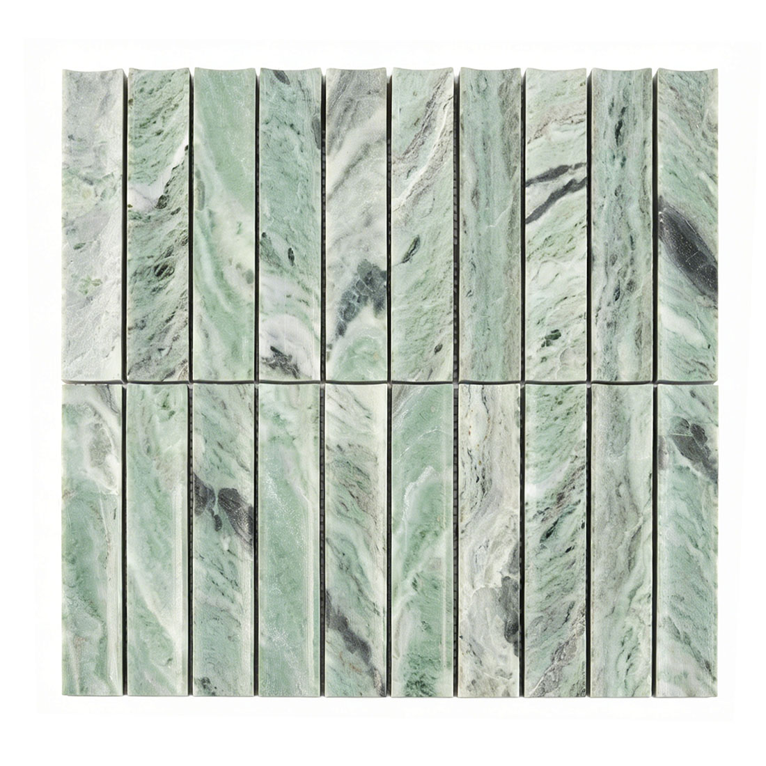Front view of green marble fluted stacked mosaic.