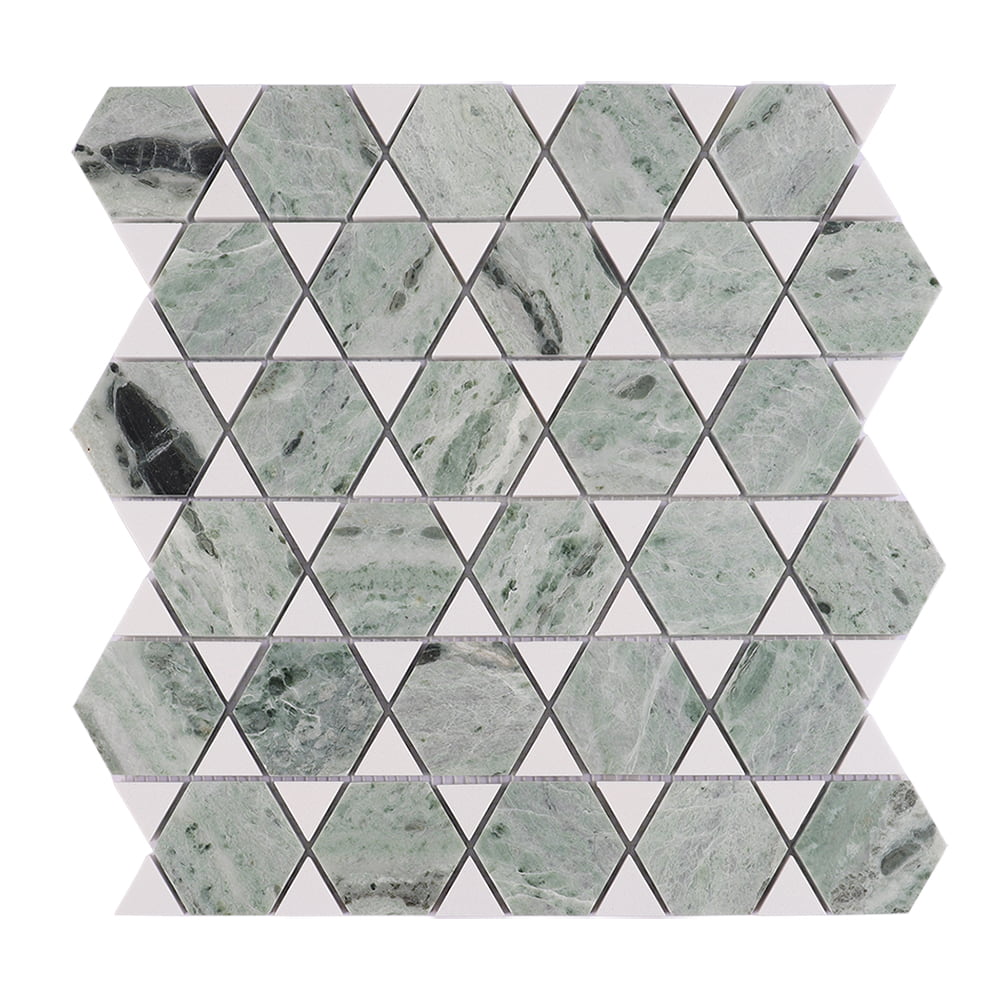Full sheet of green marble hexagon mosaic with white triangle inlays