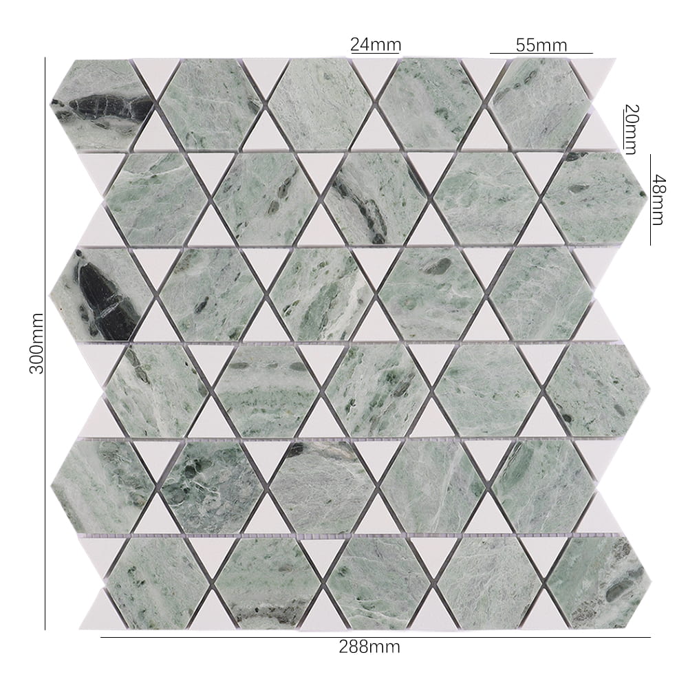 Green marble hexagon mosaic sheet with white triangle accents and size details