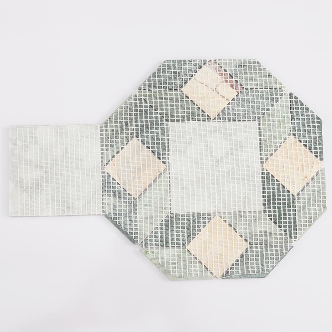 Back view of mesh mounted green beige and white marble geometric mosaic