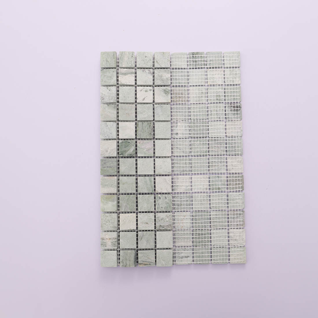 Full sheet green marble mosaic tile mounted on mesh backing display.