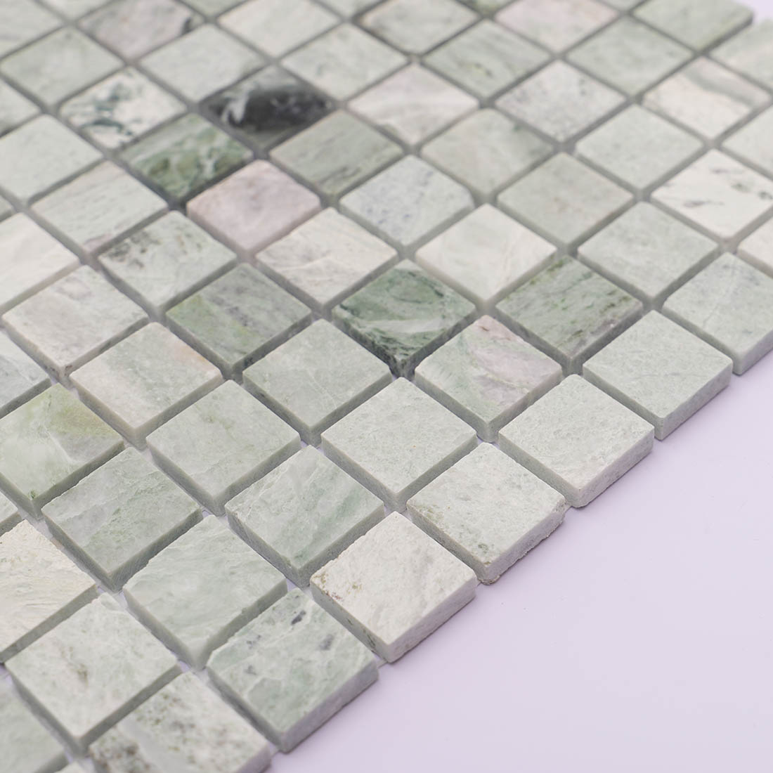 Green marble square mosaic tile side view showing thickness