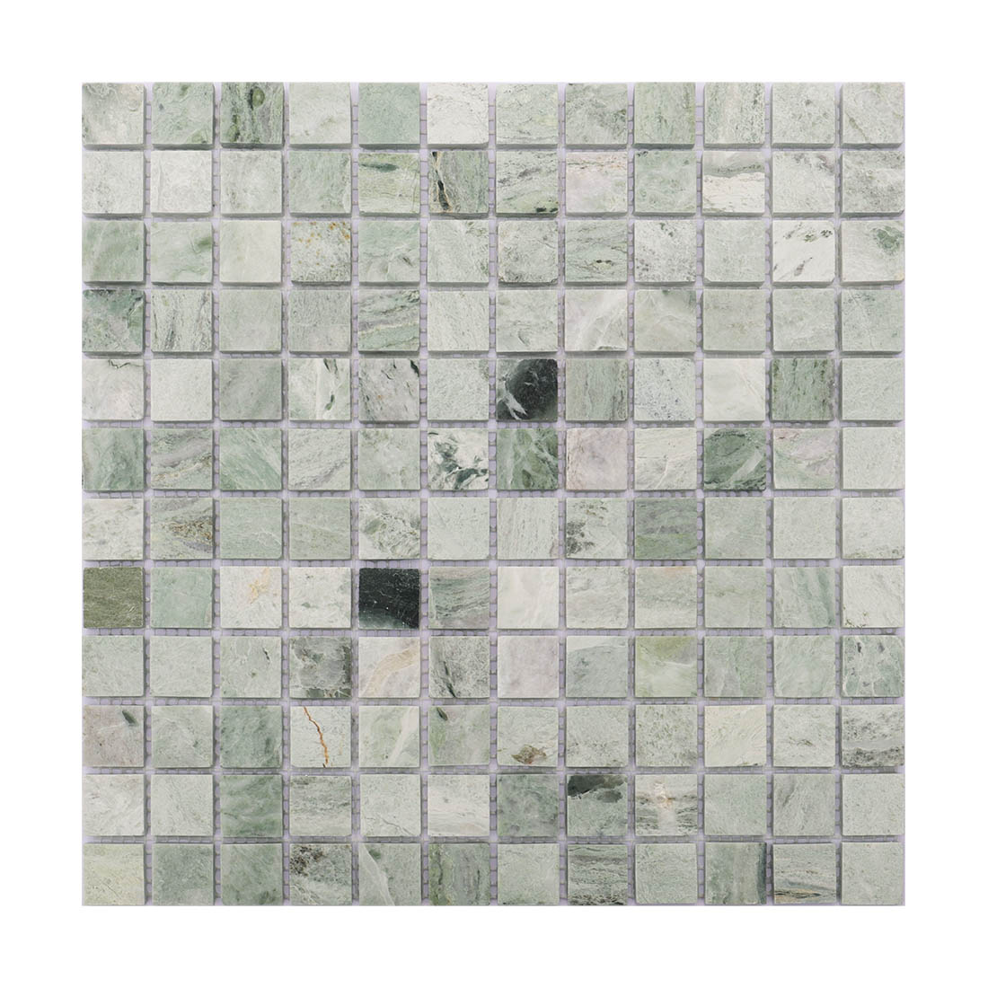 Green marble square mosaic tile sheet with natural dark stone accents.