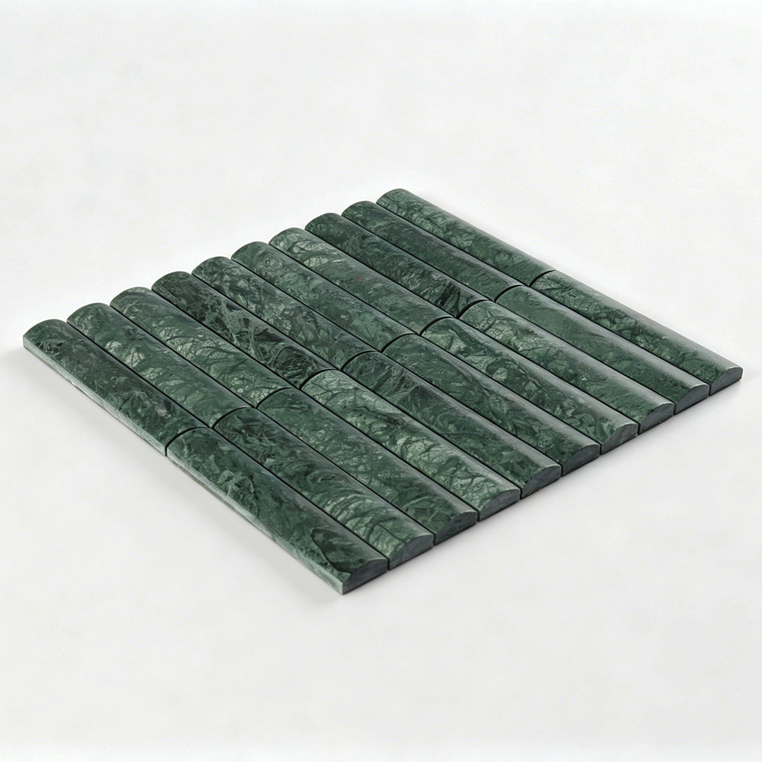 Angled sheet view of green marble raised bar tile with sculpted strips