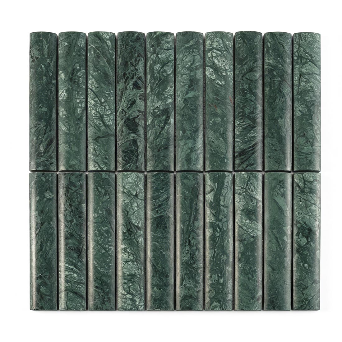 Front view of green marble raised rail tile with vertical layout