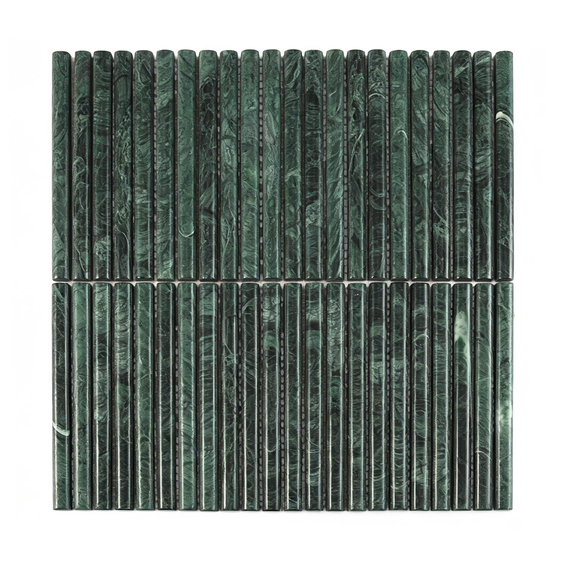 Front view of luxurious dark green marble rod fluted mosaic.