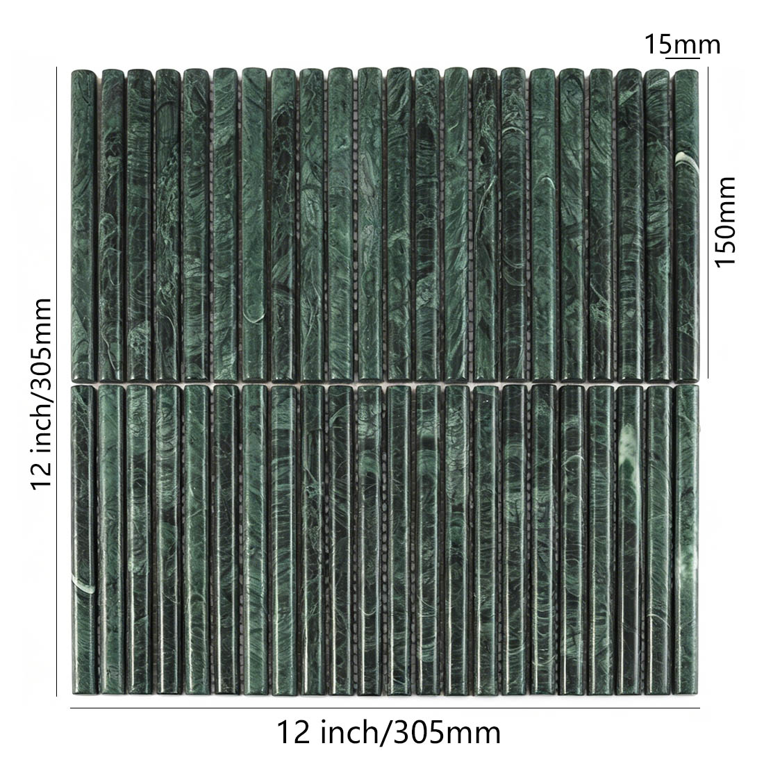 Dimensions of dark green marble rod fluted stacked mosaic tile.