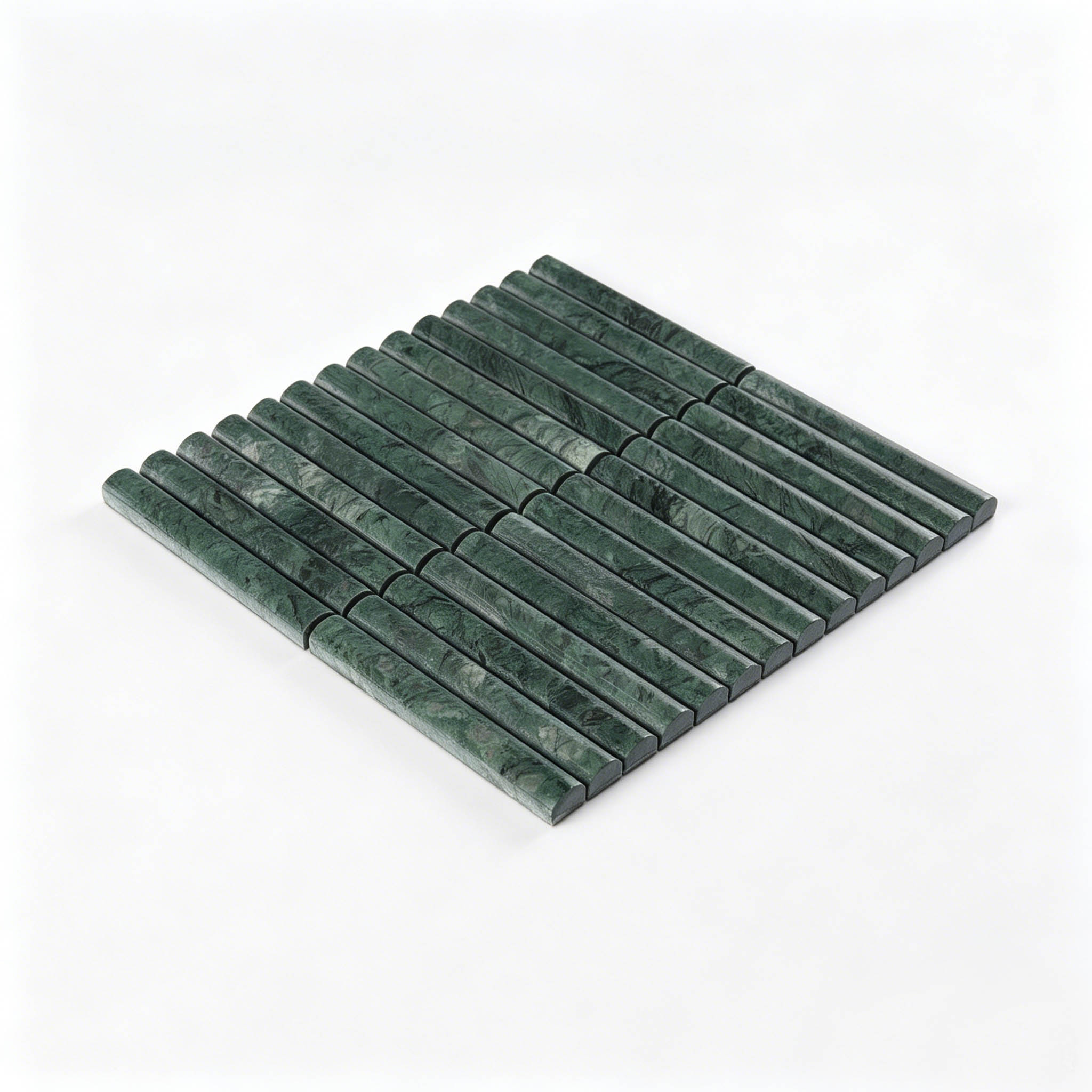 Angled sheet view of green marble rounded stick mosaic tile with raised strips