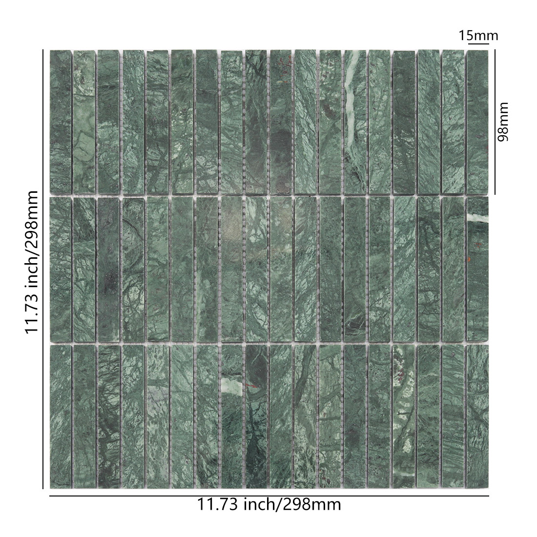 Green marble stacked mosaic tile with dimensions.