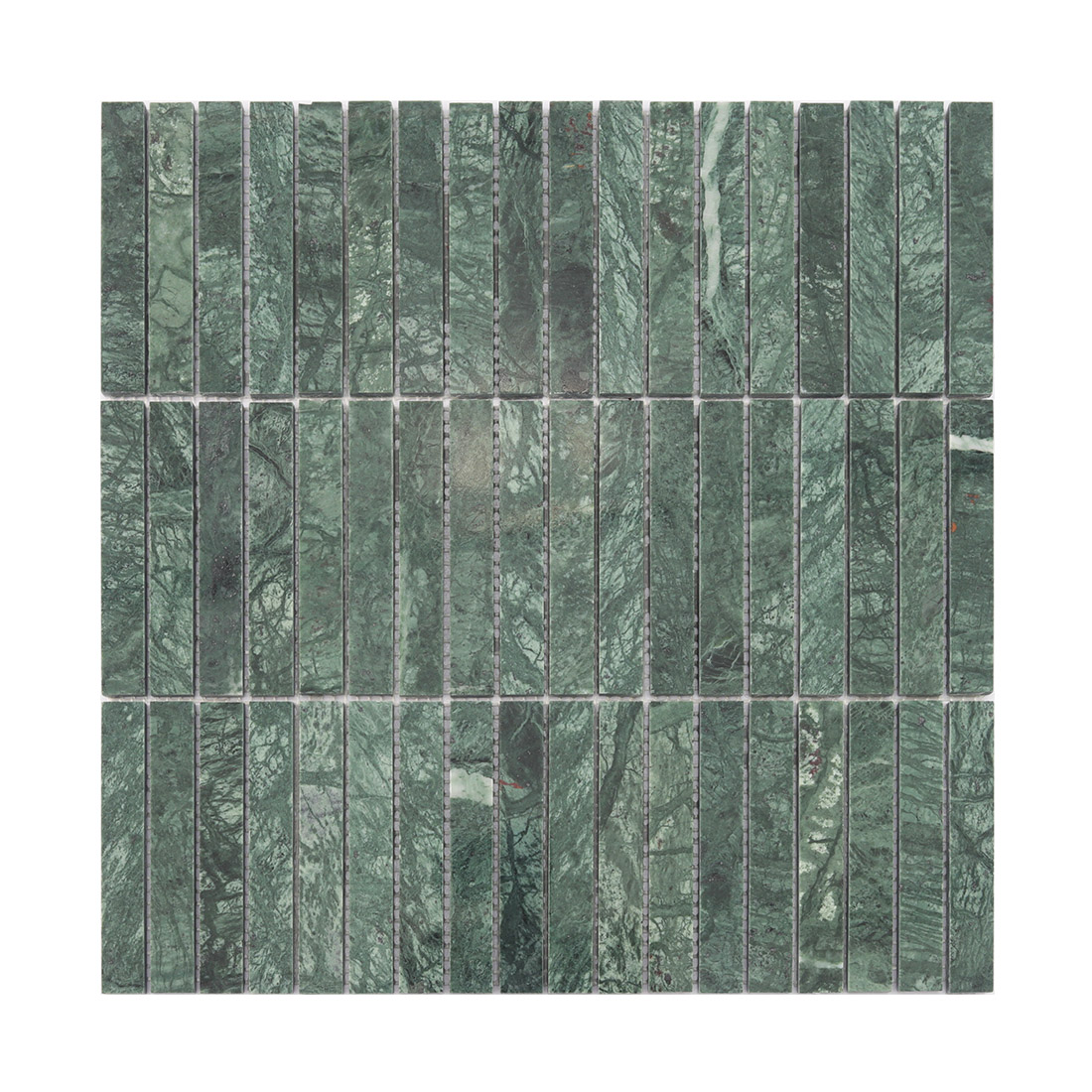 Front view of green marble stacked mosaic tile.