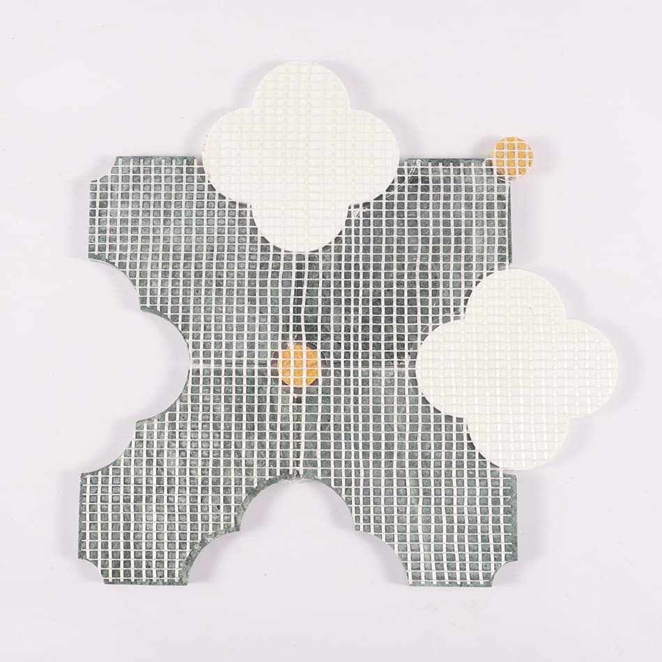 Back view of green marble and white mosaic tile sheet with mesh backing