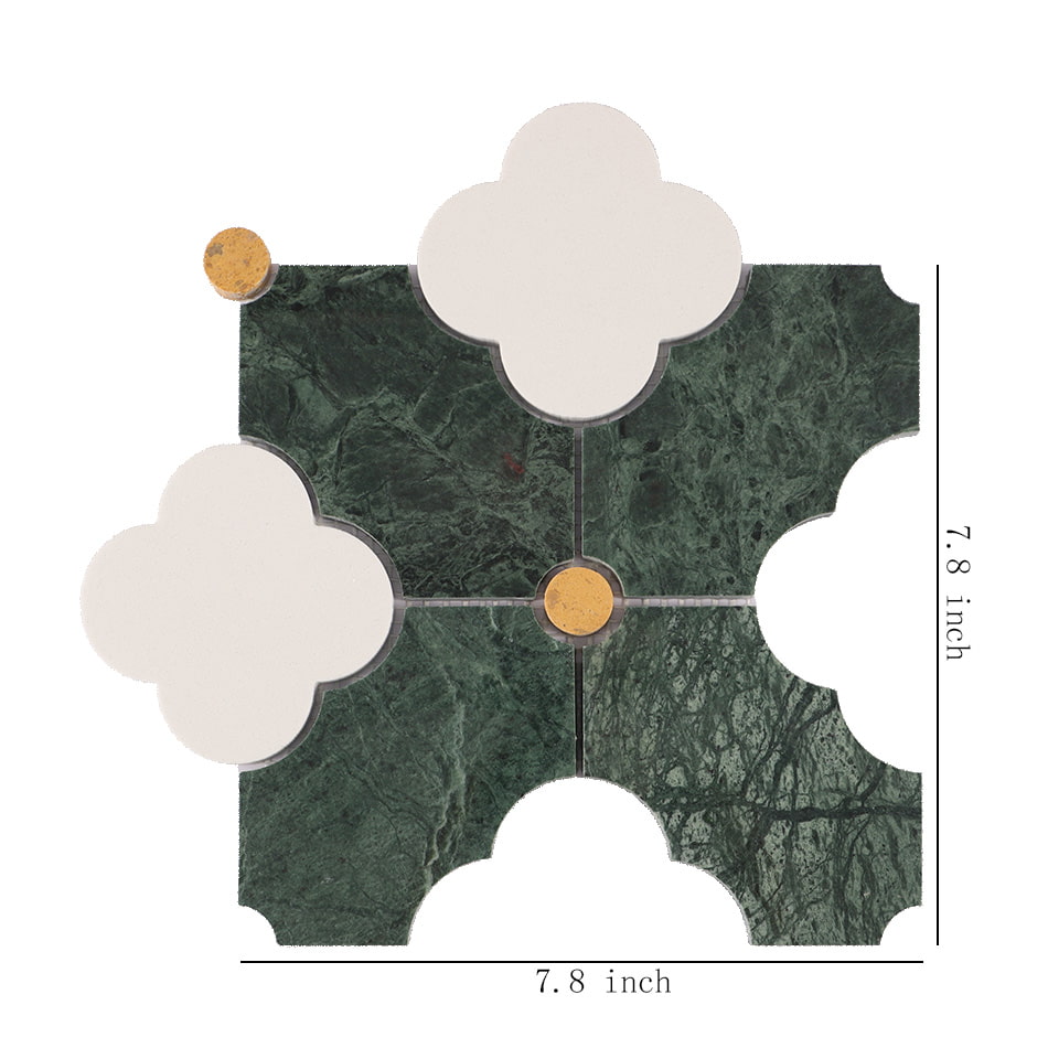 Green marble and white quatrefoil waterjet mosaic tile sheet with dimensions