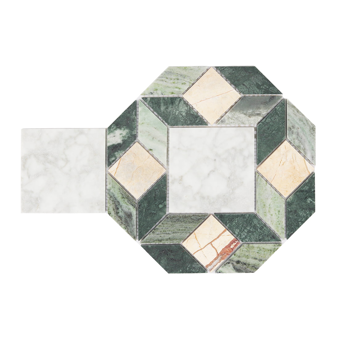 Polished green marble octagon mosaic with white center and beige diamond details