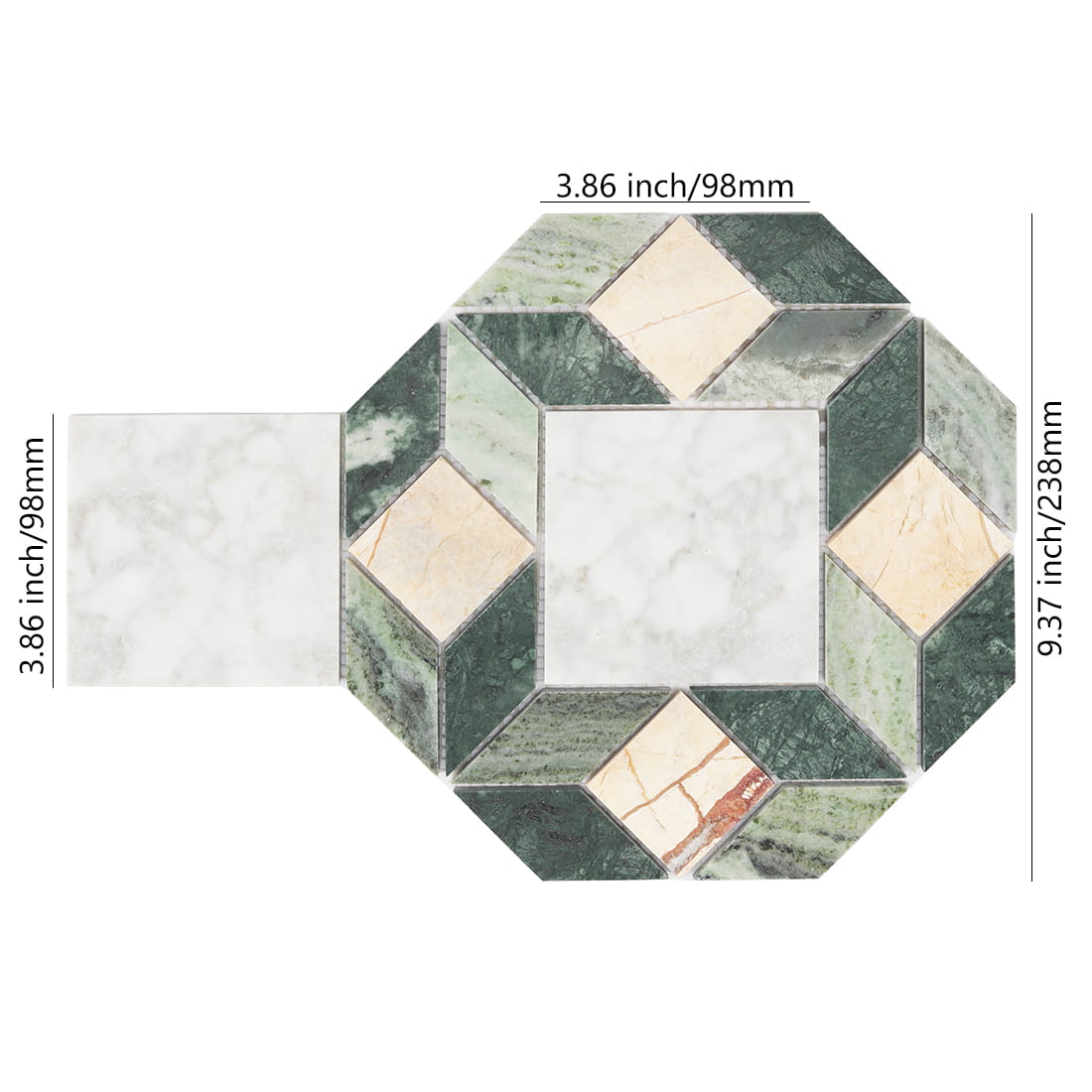 Green and white geometric octagon marble mosaic tile with beige square accents