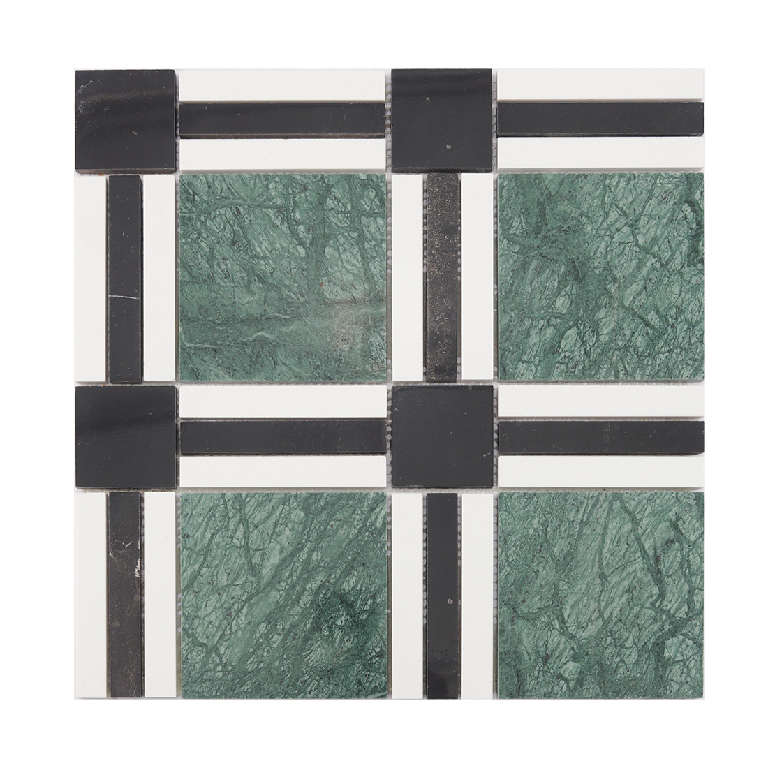 Front view of green plaid marble mosaic tile with black and white stone strips
