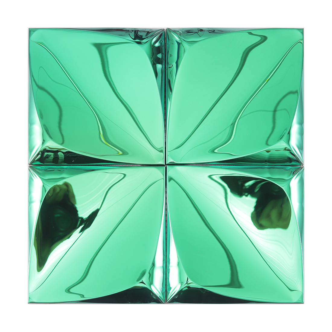 Full sheet of green raised square metal tiles with glossy reflective finish