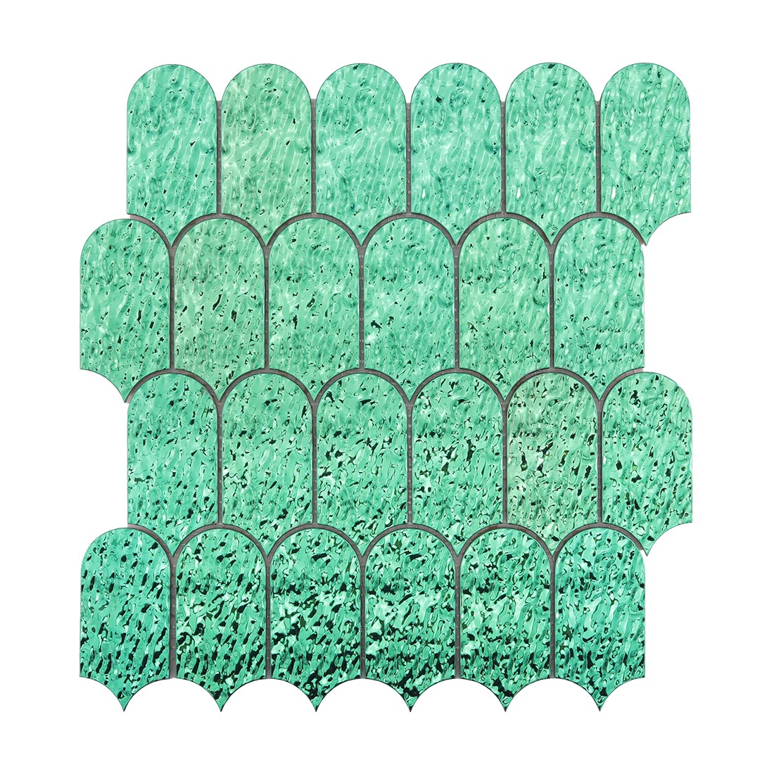 Full sheet front view of green scallop stainless steel wall mosaic tile