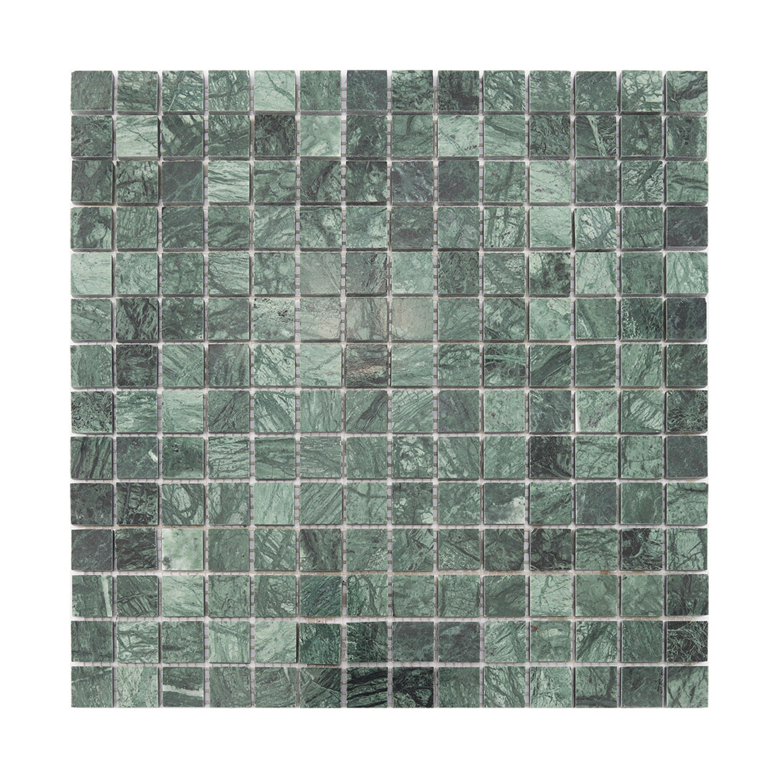 Front view of green square marble mosaic tile with natural stone veining