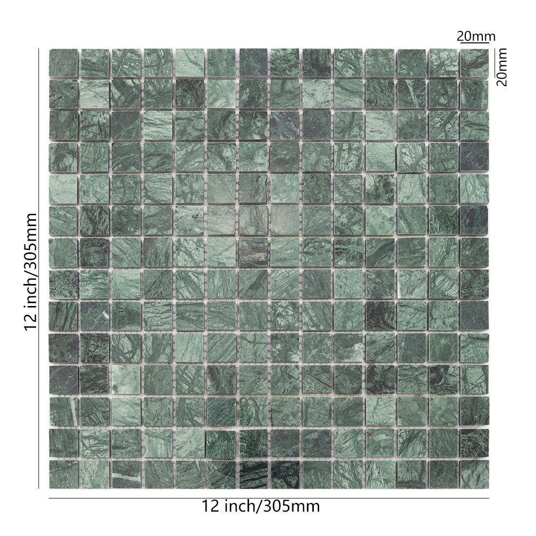 Green square marble mosaic tile with 20mm chips and size details