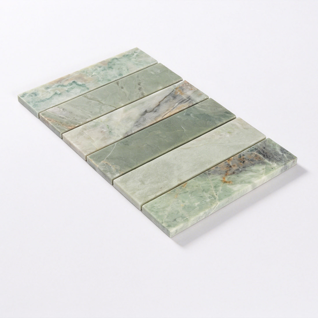 Perspective view of laid green strip marble mosaic tiles
