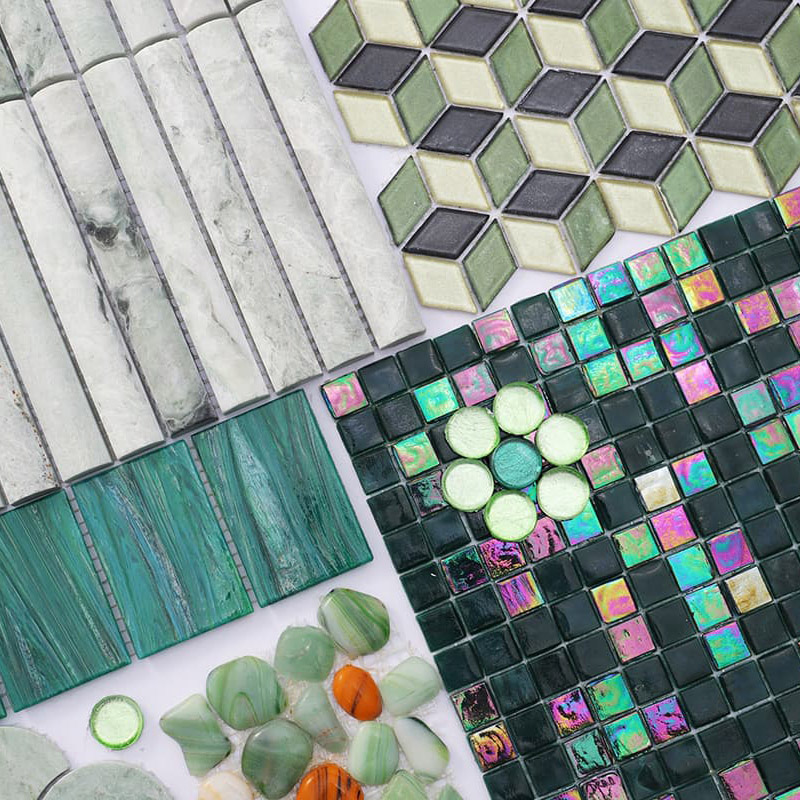 Green tile samples with marble strips, teal mosaics and iridescent glass squares.