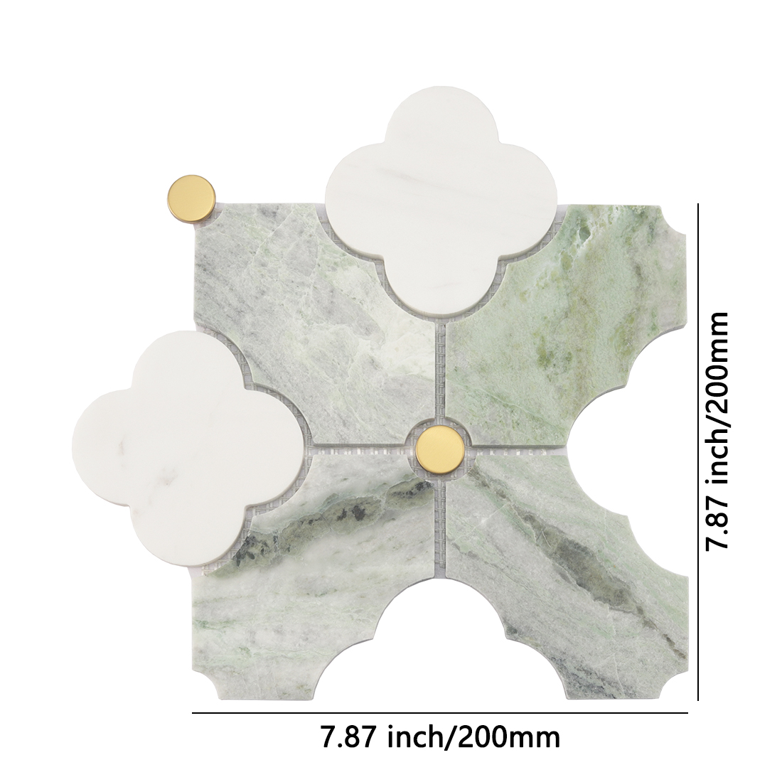 Green white arabesque marble tile with round brushed gold dot accents