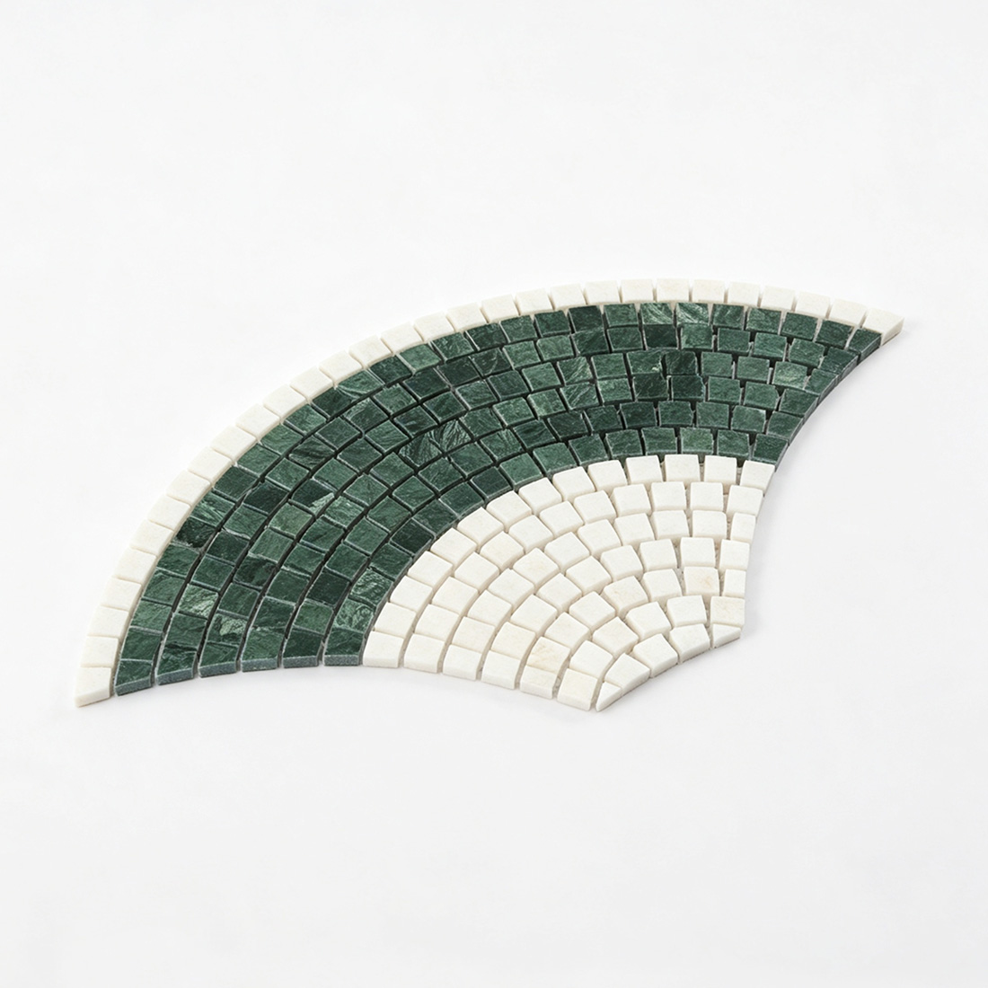 Perspective view of green white fish scale pattern marble mosaic tile
