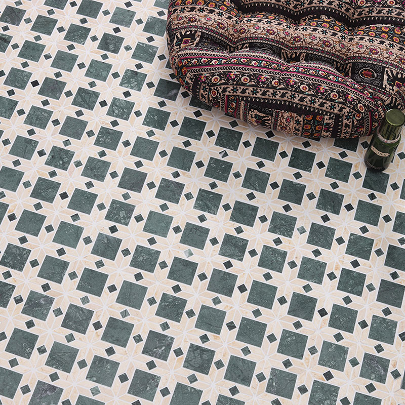 Green and white floral matte marble floor tile with geometric pattern