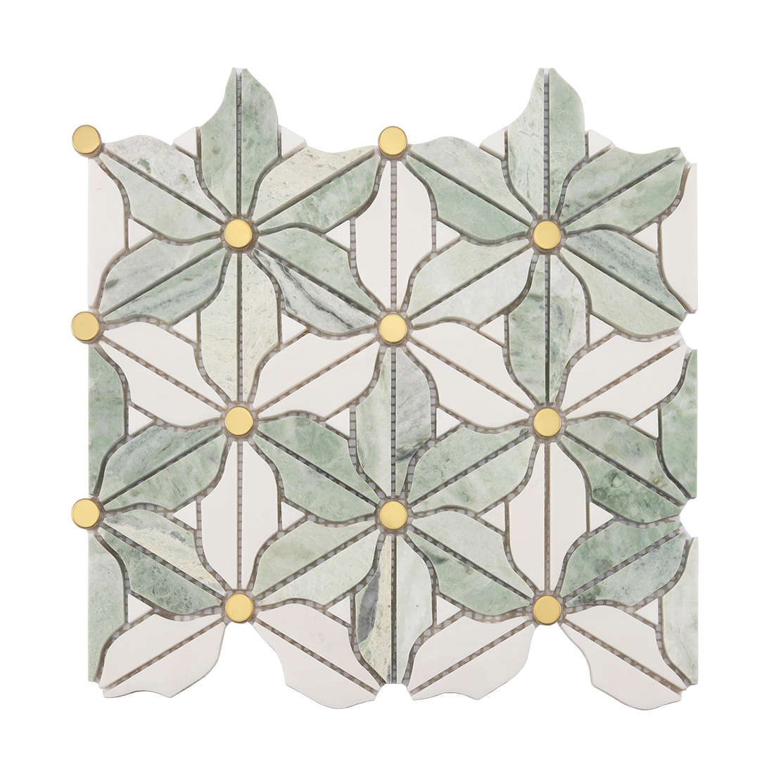 Front view of green white flower marble mosaic with gold dot accents
