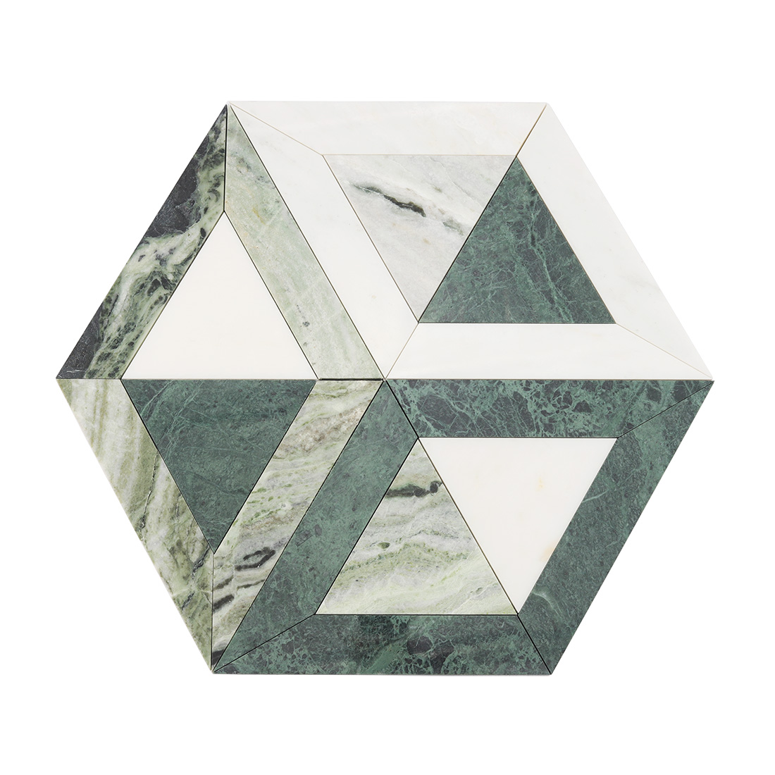 Green and white hexagon marble mosaic tile with natural stone veining