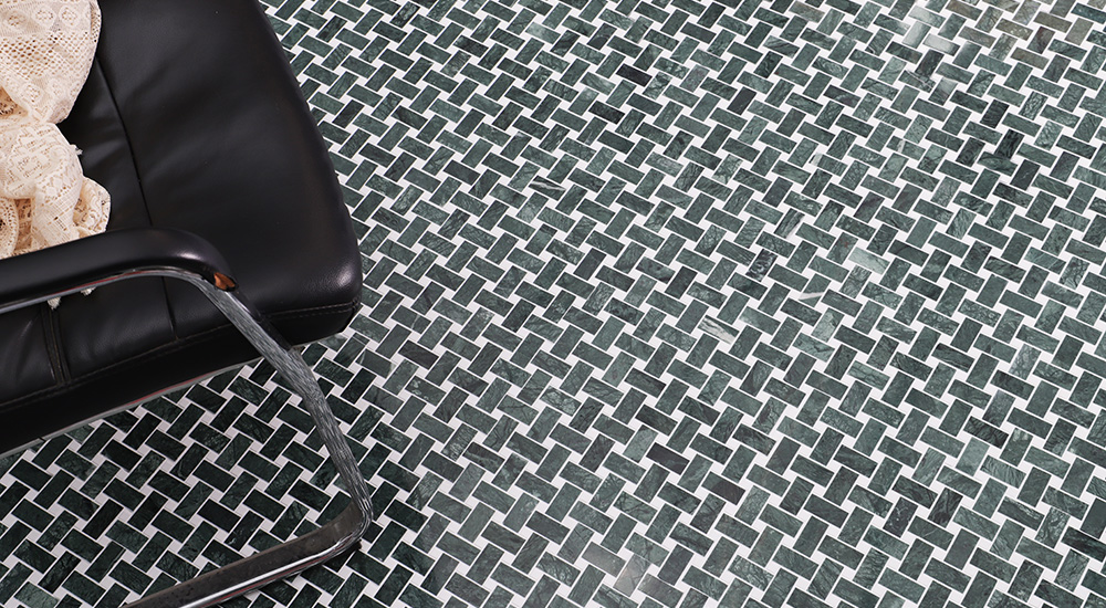{"default":"Green and white marble basketweave floor tiles in a luxury interior setting."}
