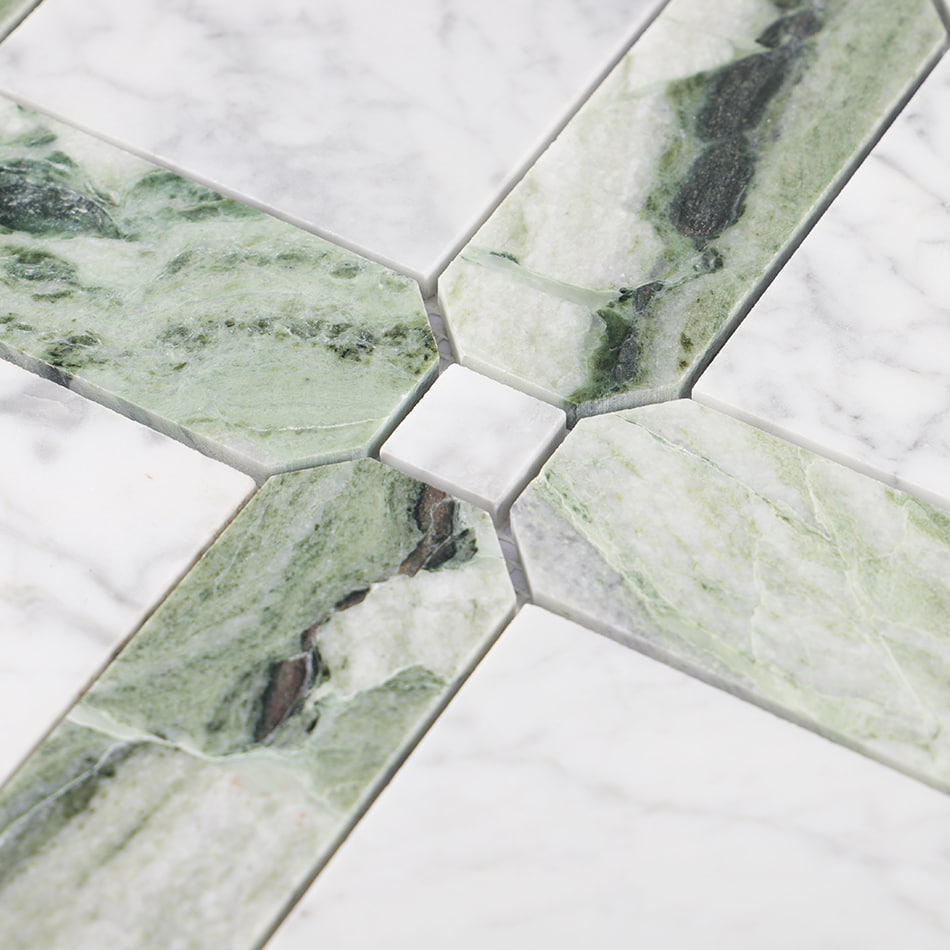 Close-up of center joint in green and white marble mosaic tile